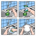 Hands washing dishes with sponge and soapy water illustration