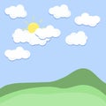 Cloud, sun and hill summer landscape. Blue sky, grassland background. Cartoon vector illustration Royalty Free Stock Photo