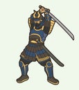 Samurai Warrior with Weapon and Armor Ronin Japanese Soldier Fighter Action Graphic Vector