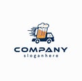 Beer delivery logo with truck icon drink design vector illustration. craft brewery beverage car vehicle label transport service