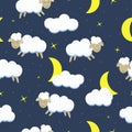 Sheep, crescent, cloud and star on dark blue background. Seamless pattern. Cartoon vector illustration