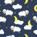 Sheep, crescent, cloud and star on dark blue background. Seamless pattern. Cartoon vector illustration Royalty Free Stock Photo