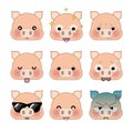 Set of cute cartoon piggy emoji set isolated on white background