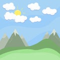 Cloud, sun and mountain summer landscape. Blue sky, grassland. Flat vector illustration Royalty Free Stock Photo