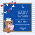 Baby Shower Invitation Card Template. Sailor Bear Holding A Heart Shape In Marine Theme