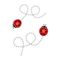 Cartoon ladybird icon. Ladybug flying on dotted route. Vector isolated Royalty Free Stock Photo