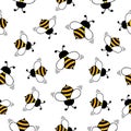 Bee seamless pattern. Honey bees flying on white background.