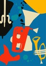 Musical promotional poster with musical instruments colorful vector illustration. Violoncello, euphonium and trumpet for live conc