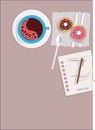 Coffee, donuts and paper note in illustration