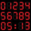 Vector image of the electronic digits on the scoreboard from zero to nine of red color on the black background.