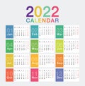 Colorful Year 2022 calendar horizontal vector design template, simple and clean design. Calendar for 2022 on White Background for Royalty Free Stock Photo