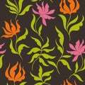 Beautiful seamless flowery pattern, color plants on black Royalty Free Stock Photo