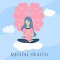 A young woman is sitting on a cloud in a yoga pose. The concept of mental health of the brain. Blue sky background.