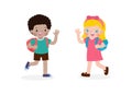 African American children with the backpack saying goodbye to caucasian kids Cartoon characters Boy and Girl school kids