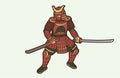 Samurai Warrior or Ronin Japanese Fighter Bushido Action with Armor and Weapon Cartoon Graphic Vector