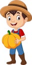 Cartoon farmer boy holding pumpkin Royalty Free Stock Photo