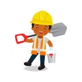 Cute engineer worker boy holding a shovel and metal bucket.