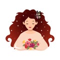 Cute girly woman with beautiful hair holding a bouquet of flower.