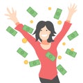 illustration of girl with happy expression. rain of money and coins. businesswoman. concept of business. flat vector Royalty Free Stock Photo