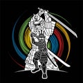 Samurai Warrior with Weapons Group of Ronin Japanese Fighter Cartoon Graphic Vector Royalty Free Stock Photo