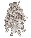 Samurai Warrior with Weapons Group of Ronin Japanese Fighter Cartoon Graphic Vector Royalty Free Stock Photo