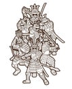 Samurai Warrior with Weapons Group of Ronin Japanese Fighter Cartoon Graphic Vector