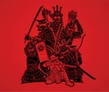 Samurai Warrior with Weapons Group of Ronin Japanese Fighter Cartoon Graphic Vector Royalty Free Stock Photo