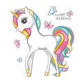 Colorful illustration ofs cute smilling unicorn.