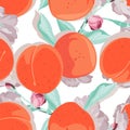 Seamless peach with flowers. Pattern with fruits background. Summer vibes.