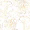 Roses peony. Floral vintage seamless pattern. Gold  flowers, leaves, branches on white background. Royalty Free Stock Photo