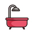 Symbol of a shower and bath, red colored in black line art style and shadow detail Royalty Free Stock Photo