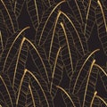 Foliage seamless pattern, bananas leaves, golden line art ink drawing on white background.