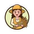 Cute farmer girl cartoon carrying bundle of wheat