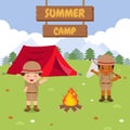 Boy scout in outdoor scene. Summer camp illustration