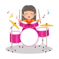 Cute girl playing drum instrument. Musical clip art