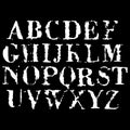 Grunge stamped alphabet.White letters on black background.Vector art font.