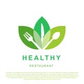 Healthy restaurant logo design. Healthy food logo with three leaves and spoon Royalty Free Stock Photo