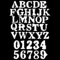 Grunge stamped alphabet and numbers.White symbols on black background.Vector art font. Royalty Free Stock Photo