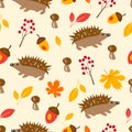 Autumn seamless pattern with hedgehog, leaves, mushrooms and acorn