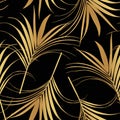 Seamless pattern, palm leaves, golden line art ink drawing on black background. Royalty Free Stock Photo