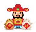 2022 CNY - Cartoon Chinese God of Wealth holding gold ingot with tigers Royalty Free Stock Photo