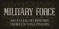 Military Force alphabet font. Stencil letters and numbers on a dark camo background. Royalty Free Stock Photo