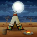 American indian tent house and fire at night Royalty Free Stock Photo