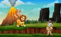 Zookeepers and lion with volcano eruption landscape Royalty Free Stock Photo