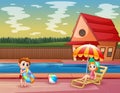 Happy boy and girl playing on pool in a resort Royalty Free Stock Photo