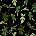 Exotic bright green leaves seamless pattern on light vintage black background.