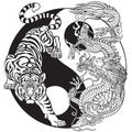 Tiger versus Chinese dragon in the yin yang symbol. Black and white