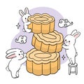 Hand draw cartoon cute Mid Autumn festival white rabbits and moon cake vector.