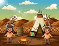 Two american indians cartoon with teepees