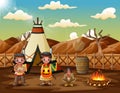 American indians children cartoon with teepees